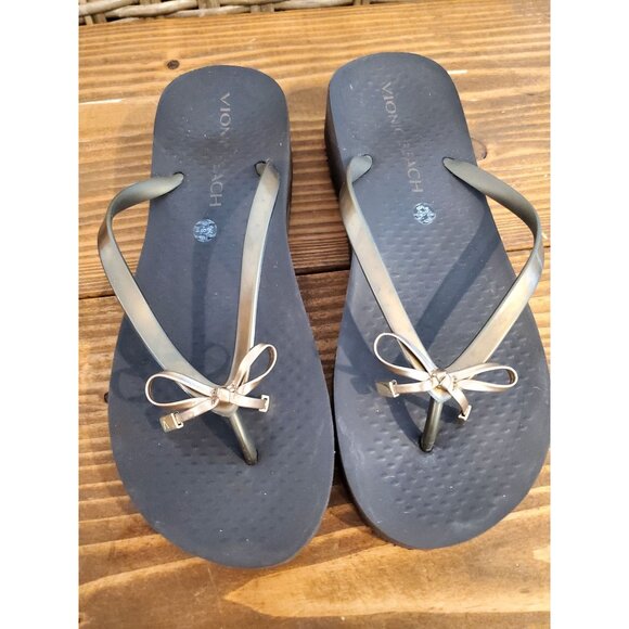 Vionic Beach Womens Flip-Flops Metallic Gold Bow Strap Size 9.5 Brown Sandals - Picture 1 of 9